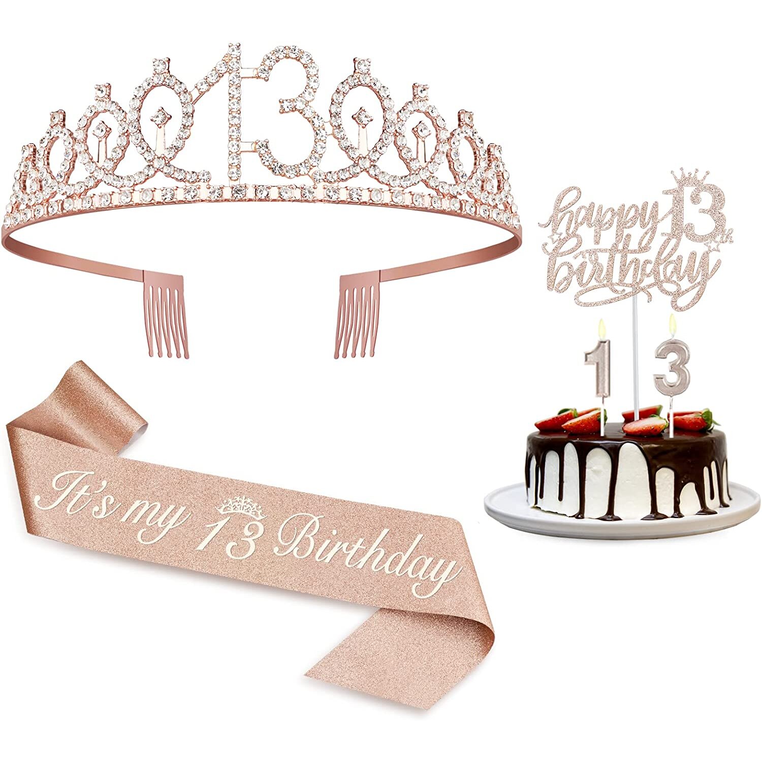 Amosking Rose Gold 13th Birthday Decorations for Girls,13th Birthday Sash,Crown/Tiara,Candles,Cake Toppers,13th Birthday Gifts...